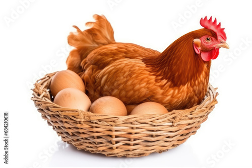 Young brown hen with eggs isolated on a white background.