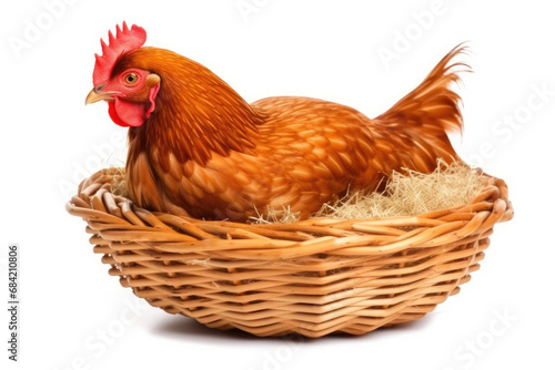 Young brown hen with eggs isolated on a white background.