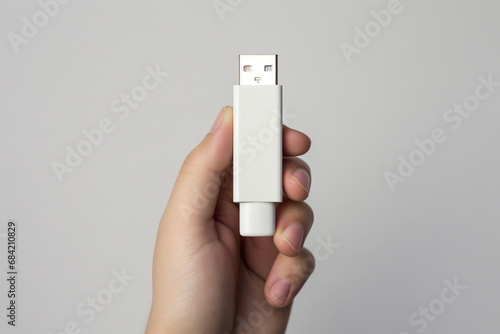 A man’s hand holding a simple usb flash drive isolated on a white background, shot in a studio. Generative AI.