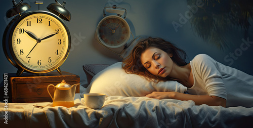 woman sleeping on a desk with alarm clock on it