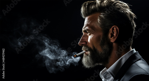 close-up Portrait of a bearded, stylish man smoking a cigarette with smoke on a black background, Passive smoking concept.banner