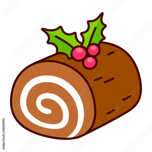 Traditional Christmas yule log cake. Kawaii hand drawn doodle icon. Cute cartoon vector illustration.