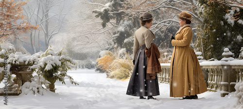 Romantic snowy vista with two Victorian ladies strolling along a pathway admiring the view banner 