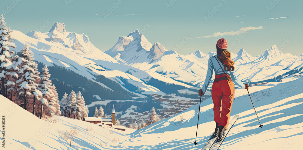 Vintage postcard style woman on the ski slopes with snowy mountain vista banner 