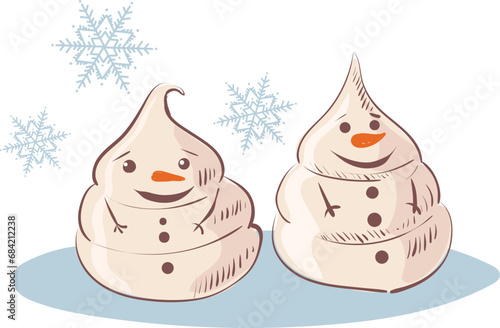 Two snowmen with a carrot nose and stick hands stand and smile. Snowflakes are flying. Ideal for cards, posters, prints, packaging, fabric, clothing. Vector image.