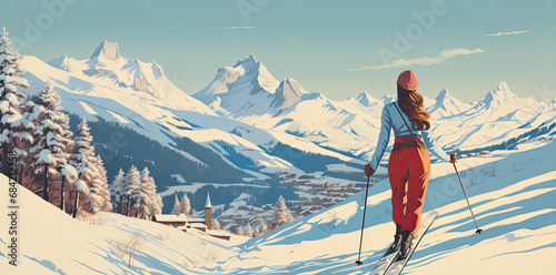 Vintage postcard style woman on the ski slopes with snowy mountain vista banner  photo