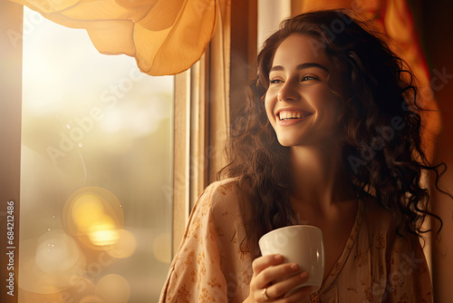 happy girl with coffee and flowers by the window photo