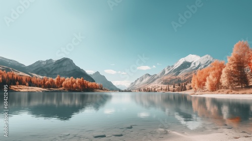 Landscape with mountains, lake and autumn trees
