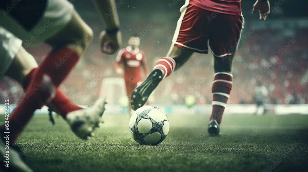 Fototapeta premium Close up of a football action scene. Close up of a soccer action scene in the stadium. Generative AI