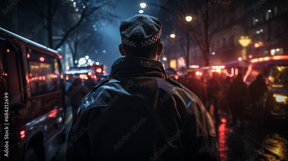 Obraz premium Police officer standing at night city.