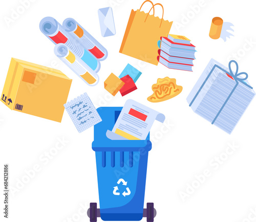 Old unwanted Paper Cardboard Items fall into open trash can. Heap of old books, newspapers, boxes, packages. Paper pollution problem. Cartoon isolated vector isolated on white background
