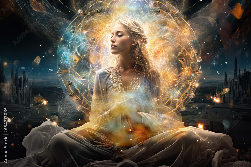 Woman manifesting abundance and wealth with swirling energy and golden orbs surrounding her - obrazy, fototapety, plakaty 