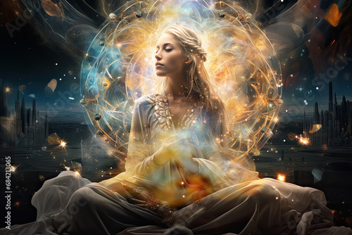 Woman manifesting abundance and wealth with swirling energy and golden orbs surrounding her
