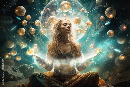 Woman manifesting abundance and wealth with swirling energy and golden orbs surrounding her photo