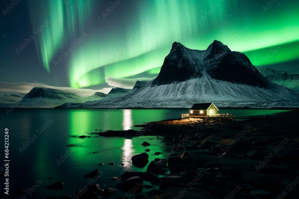 Northern lights over a frozen lake and small house with light in a windows.