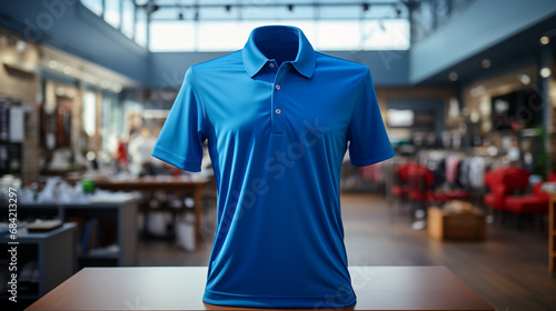 Blue polo shirt in a store.