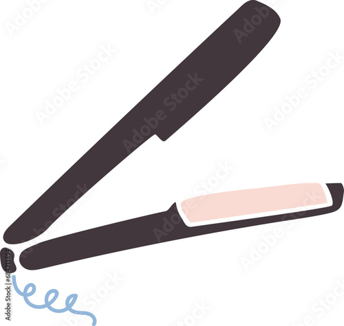 Beauty service, hair straightener. Curling iron with ceramic plates for straightening hair curls. Beauty care item in spa salon. Vector isolated on white background
