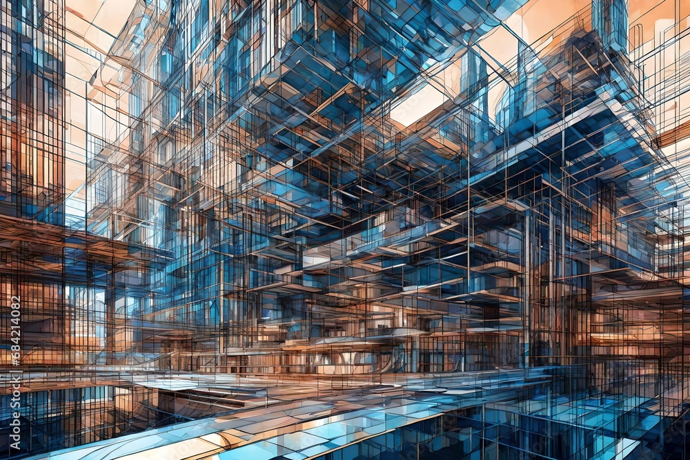 Abstract data streams intertwining with architectural elements, forming a digital dreamscape.