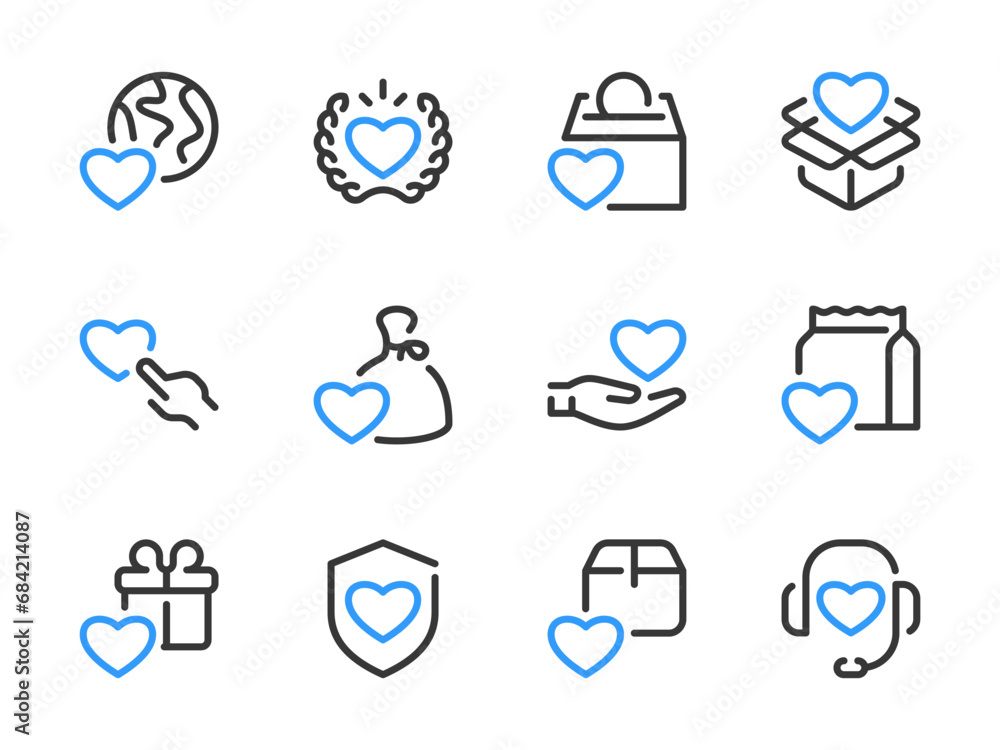 Charity and Donation vector line icons. Kindness and Love outline icon set. Human Care, Donate, Help, Gift, Mercy, Giveaway, Fundraising and more.