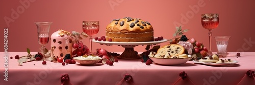 A Photo of a Table with Panettone and other Christmas Cakes & Cupcackes and Many Other Desserts all Reunited in a Simple Pink Room. photo