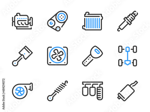 Car parts and Vehicle repair vector line icons. Auto service and Workshop outline icon set.
