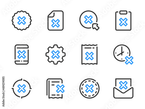 Cancellation and Rejection vector line icons. Cross, Delete, Remove, Cancel and Reject outline icon set.