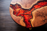 A wooden table with a red resin inlay on a dark wooden floor.