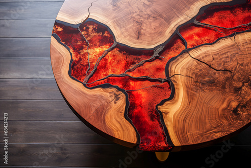 A wooden table with a red resin inlay on a dark wooden floor. photo