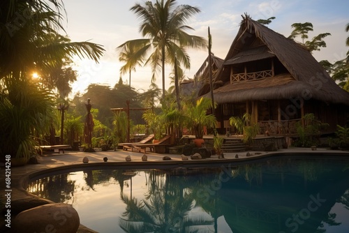 Professional Photo of a Bahay Kubo. Wooden House Camp Next to a Little River in a Resort During Sunset SUrrounded By Palms.