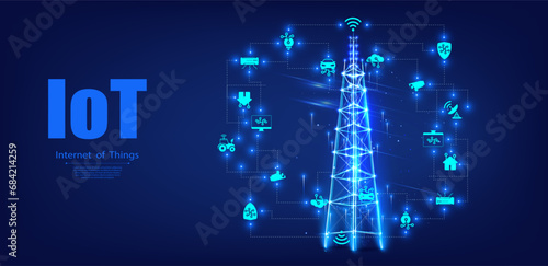 Digital Network Connectivity of IoT - Internet of Things Concept with Icons and Signals. 5G telecommunication, city communication, LTE transmitter concept. Vector illustration