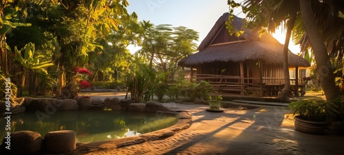 Professional Photo of a Bahay Kubo. Wooden House Camp Next to a Little River in a Resort During Sunset SUrrounded By Palms.