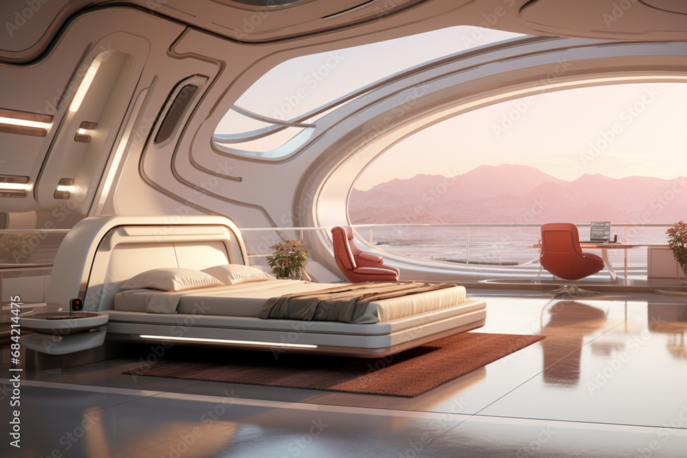 The view of a super futuristic concept of a bedroom with a big oval window and cityscape view in a high star luxury hotel. Generative AI. The view of a super futuristic concept of a bedroom with a big oval window and cityscape view in a high star luxury hotel. Generative AI.