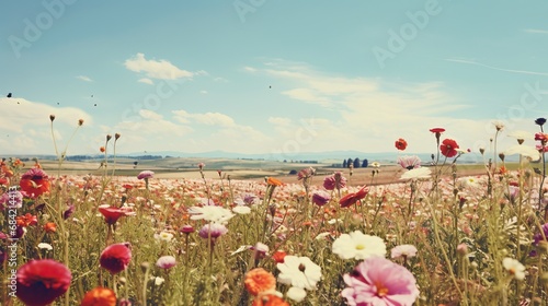 Professional Low Photo of a Field full of Pink Flowers in a Clear and Sunny Day. Photo of an Empty Valley with Landscape of some Far Hills. Nature Lover.