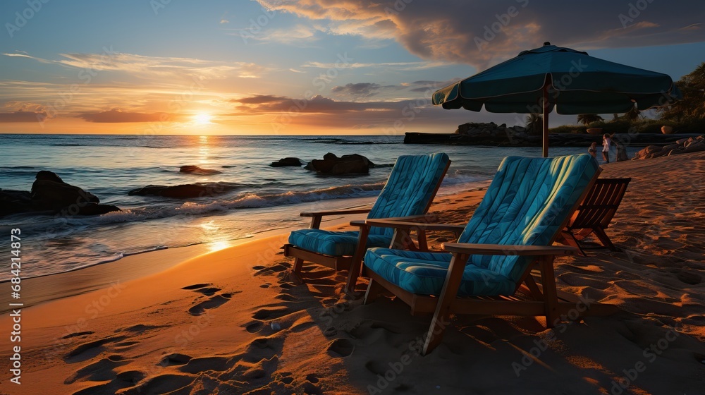 Professional Photo of a Deckchair at the Beack During Sunset Surrounded by Plants and Palms. Tropical Shot of a Private Island in the Middle of the Pacific Ocean near Hawaii Island. Exotic Concept. Professional Photo of a Deckchair at the Beack During Sunset Surrounded by Plants and Palms. Tropical Shot of a Private Island in the Middle of the Pacific Ocean near Hawaii Island. Exotic Concept.