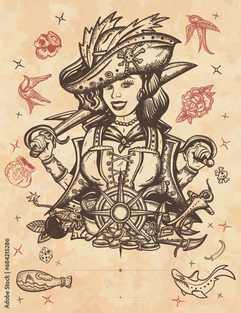 Pirate girl. Old paper vector. Cover page template. Crime sailor woman portrait, pin up style. Sea wolf, female. Sabres, guns, gold coins, compass Pirate girl. Old paper vector. Cover page template. Crime sailor woman portrait, pin up style. Sea wolf, female. Sabres, guns, gold coins, compass