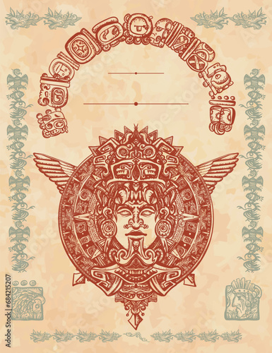Ancient totem, wings and mayan sun. Old paper vector. Cover page template. Aztec art. Mexican god. Mesoamerican mythology