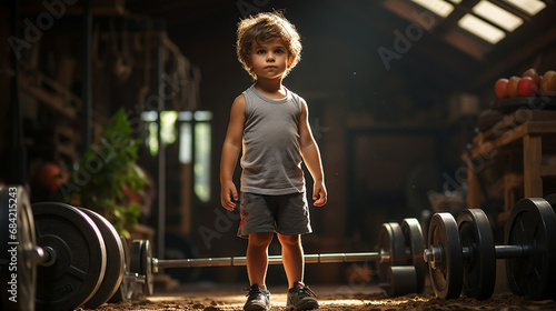 Little boy with a barbell.