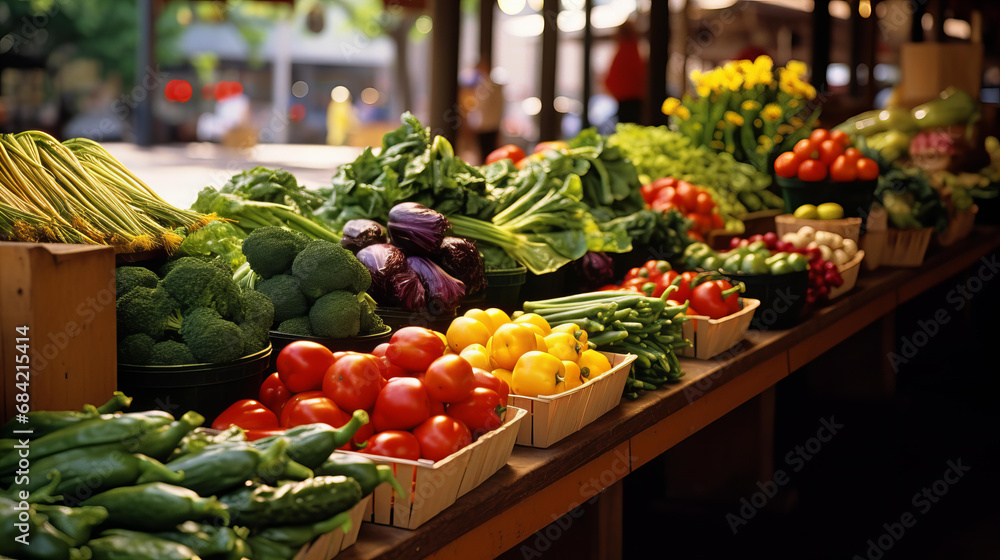 Vibrant Farmers Market with Fresh Vegetables and Fruits