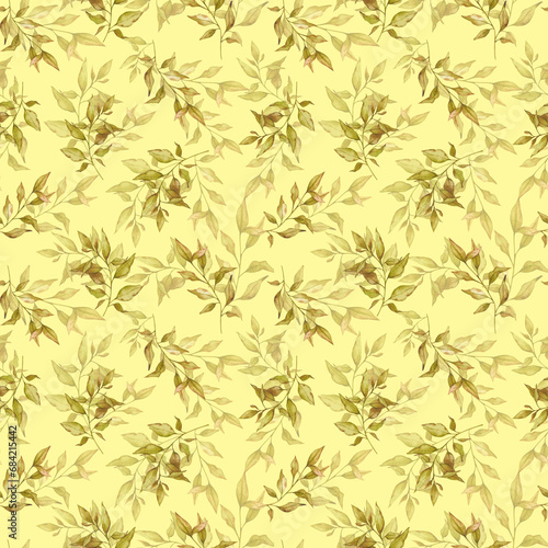 Seamless pattern with watercolor leaves on a yellow background. Wedding, birthday, anniversary, Valentine's Day. Design of cards, wrapping paper, fabric, textiles, stationery, scrapbooking paper, etc. © Alyona Pugachova