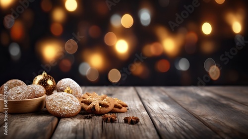Professional Photo of Some Sweet Christmas Biscuits Placed on a Dark Wooden Table With a X-Mas Tree in the Background Creating a Fascinating immage.