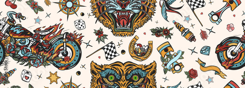 Bikers lifestyle seamless pattern. Burning chopper motorcycle and tiger face. Rider moto sport background. Racers. Old school tattoo style