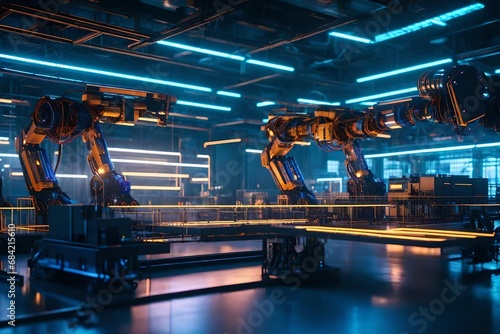 Advanced robotics in a futuristic manufacturing plant setting.