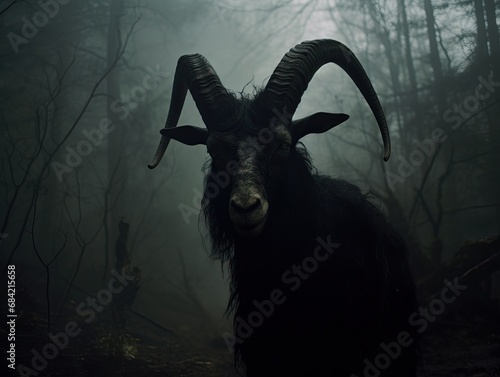 Professional Photo of a Scary Mythical Dark Figure With Big Horns and a Goat Face with Human Bodyshape in a Forest Late in the Evening Looking at the camera.