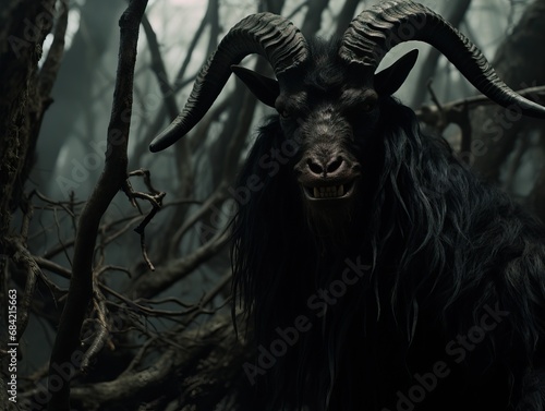 Professional Photo of a Scary Mythical Dark Figure With Big Horns and a Goat Face with Human Bodyshape in a Forest Late in the Evening Looking at the camera. © Boss