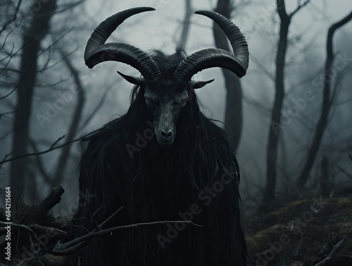 Professional Photo of a Scary Mythical Dark Figure With Big Horns and a Goat Face with Human Bodyshape in a Forest Late in the Evening Looking at the camera.