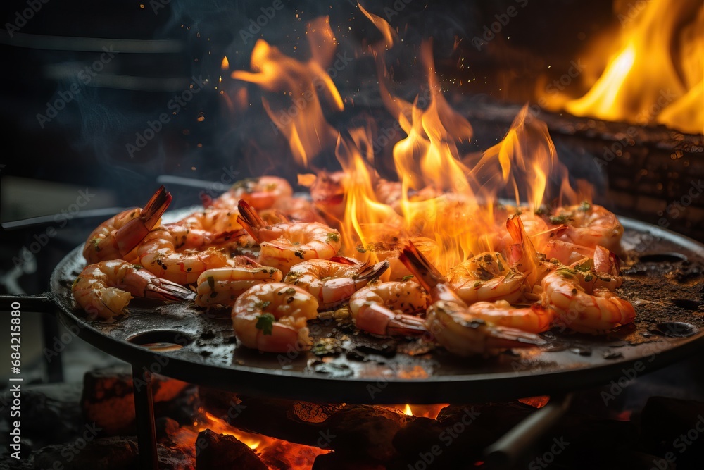 Professional Shot of Spiced Shrimps That Just Got Out of the Fire Placed on a Black Plate. Flames over a Fish Dish creating a Professional Image for Commercial Avertisement.