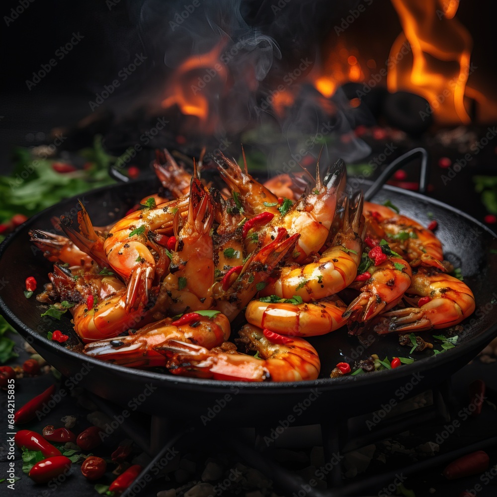 Professional Shot of Spiced Shrimps That Just Got Out of the Fire Placed on a Black Plate. Flames over a Fish Dish creating a Professional Image for Commercial Avertisement. Professional Shot of Spiced Shrimps That Just Got Out of the Fire Placed on a Black Plate. Flames over a Fish Dish creating a Professional Image for Commercial Avertisement.