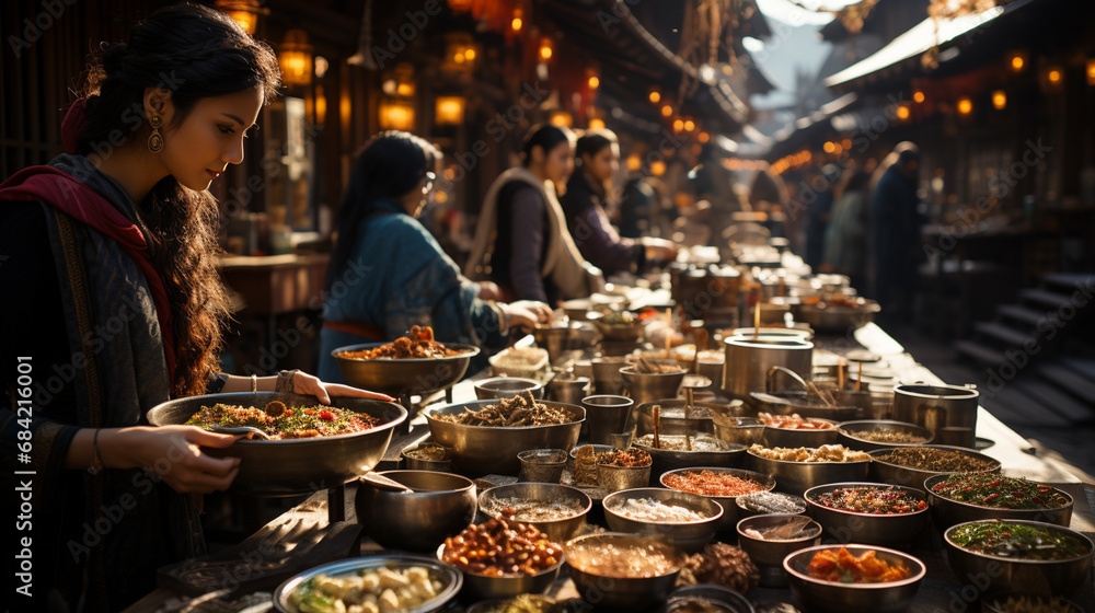 People with a food in asian outdoor market. People with a food in asian outdoor market.