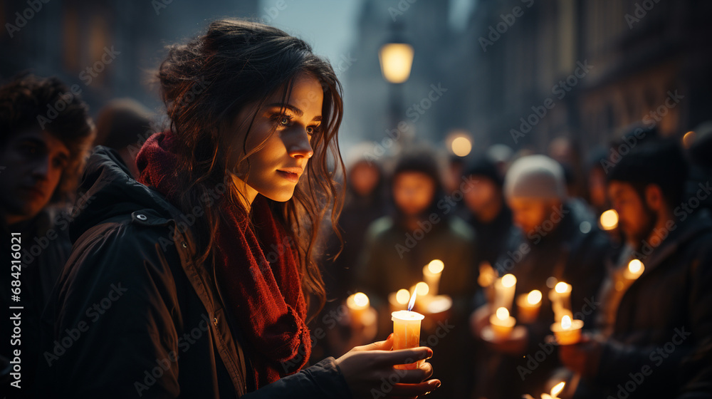 People participating in a candlelight in night city. People participating in a candlelight in night city.