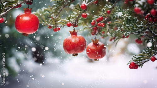 ripe red pomegranates hanging on a tree branch under the snow  winter  new year  christmas  harvest  nature  plant  beauty  fruit  background  place for text  decor  holiday